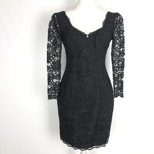 VTG 90s Black Lace Bustier Sheath Pencil Dress Sheer Sleeves Sexy Date Night 2P